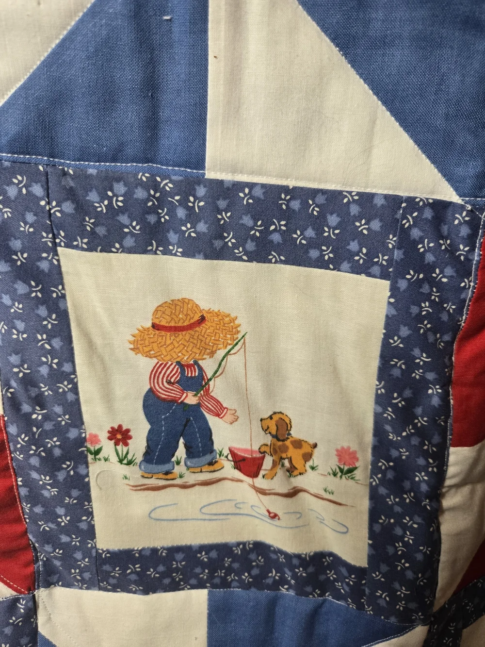 Handcrafted Cotton Patchwork Baby Quilt in Red, Blue & White